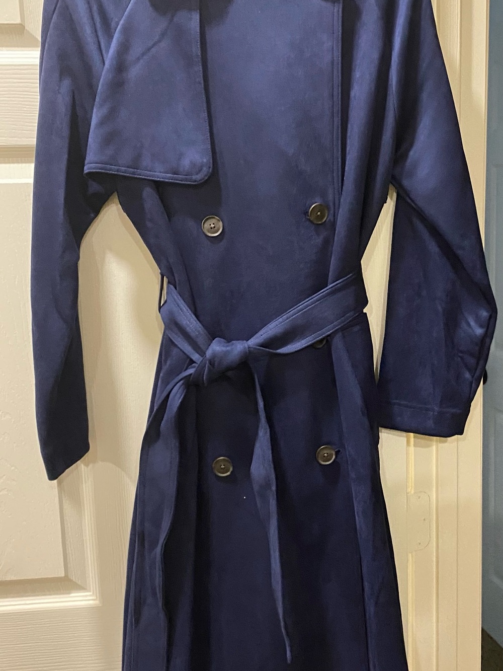 Target- A New Day-  Double-Breasted Trench Coat with Belt in faux navy suede
